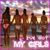 Five people in swimwear holding hands walking on a beach at sunset with text overlay reading "I'VE GOT MY GIRLS".