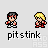 Pixel art character sprites in multiple poses and attack animations with blue/purple energy effects, labeled 'pit stink' beneath each frame.