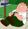 Animated cartoon character in white shirt and green pants sits on sidewalk, mouth opening/closing with visible teeth and tongue across frames.
