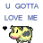 Pixelated image with text "U GOTTA LOVE ME" above a cow, showing two states: one with black heart and blue-gray text, another with red heart and dark gray text.
