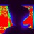 A pixelated static image with a dark background and two distinct red shapes outlined in blue, featuring green vertical accents on the left side.