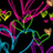 Pixelated abstract composition of interwoven magenta, green, cyan, and purple lines against a black background with scattered yellow and brown accents.
