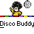 Animated contact sheet showing six frames of a pixel art character dancing with disco balls, repeated text "Disco Buddy" across the bottom, rainbow stripe border on top and bottom edges.