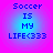 Four identical pixelated text on a pink-to-blue gradient background, each displaying "Soccer IS MY LIFE<333" in blue block letters
