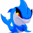 A pixelated blue cartoon shark with a white underbelly and yellow-red eye detail on the left, next to green text reading "Original Icons .com" on a dark green background on the right.