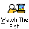 Animated contact sheet showing 11 frames of a pixel art buddy icon featuring a yellow stick figure watching fish in aquariums, with sequential changes to the aquarium contents and background elements.