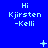 Blue background with repeated white text 'Hi Kjirsten -Kelli' and changing small symbols above each text block.