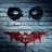 A pixelated image of a stylized face with large black eyes and a red bat-shaped mouth on a textured blue-gray background.