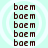 A static image displays the word 'baem' repeated in a pattern on a light cyan background with faint circular outlines