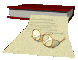 Animated sequence of a book with a red spine and gray cover, a beige scroll with faint lines, and a pair of round glasses with gold frames on the scroll.