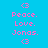Pixelated blue background with pink text and symbols, featuring repeated 'Peace. Love. Jonas.' phrases and peace signs in a