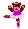 Pixelated brown bear in ballet pose with pink headband, purple top, white polka-dot skirt, and pink ballet shoes on gray background.