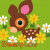 A pixelated green background with white daisies and yellow flowers, featuring a brown deer with pink ears holding a flower, orange text reading 'Deerery Lou', and small dots.