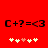 Red background with black text 'C+?=<3' and five pixelated hearts below, where the third heart changes color from light pink to white between frames.