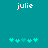 Two identical teal backgrounds with white text 'julie' at top and five cyan puzzle-piece icons below, each icon's orientation changes between frames.
