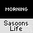 Animated sequence showing a character's daily routine across morning, afternoon, and night segments with repeated 'Sasouns Life' text and changing scenes.