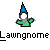 Pixelated character with blue pointed hat, green shirt, and gray beard, standing above stylized text reading 'Lawn gnome' on gray background.