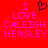 Red background with pink text reading "I LOVE CALEIGH HENSLEY" and a black pixelated heart symbol above the word LOVE.