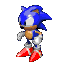 Blue anthropomorphic hedgehog with white eyes and red shoes in four sequential poses showing leftward movement across a gray background.