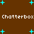 Brown background with cyan plus signs scattered across; two lines of white pixelated text reading "Chatterbox Chatterbox" at top and bottom.
