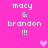 Pixelated text 'macy & brandon !!!' repeated four times on a bright pink background with two light pink heart symbols.