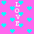 Pixelated pink background with scattered cyan hearts and vertical 'LOVE' text in white and light pink, animated as static image.