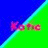 Pixelated text 'Ko' appears on a diagonal split background of blue and green with cyan border.