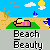 Pixel art beach scene with a woman sunbathing, blue sky, clouds, sailboat, and text reading 'Beach Beauty' below.