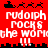 Red background with white pixelated text reading "rudolph rocks the world" and black pixelated reindeer silhouettes above and below the text.