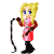 Pixel art character with blonde hair and blue eyes in pink outfit holding a black whip, shown across multiple poses on gray background.