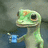 A green gecko-like creature holds a blue object against a gray background, with pixelated text on a teal field.