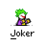 A contact sheet of 11 animated frames showing a pixelated Joker character in various poses with green hair, purple suit, and yellow accents against a gray background.
