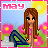 Pixel art of a girl with long brown hair sitting on grass, pink flowers and sun in background, 'MAY' text at top left.