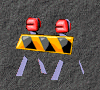 Two side-by-side animated construction barriers with red lights, yellow-black striped bases, and purple supports on a gray background.