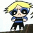 Pixelated cartoon character with blonde hair, blue top, black pants, and white shoes stands on a dark brown platform against light background.