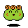Green pixelated character with orange spiral hair, red cheeks, and black outline; two variations show mouth and eye expressions changing.