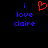 A pixelated image with blue text reading "i love claire" on both sides of a red heart symbol against a black background.