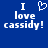 Blue background with white pixelated text reading "I love cassidy!" where the word "love" is replaced by a heart symbol in the left view.
