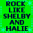 Green background with blue dashed lines and star patterns, displaying repeated text "ROCK LIKE SHELBY AND HALIE" in dark blue pixelated font.