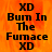 Pixelated text on an orange flame background with "XD Burn In The Furnace XD" repeated, showing a static image with no animation.