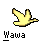 Two pixelated yellow bird icons with 'Wawa' text below each, one in flight pose and the other in a curved landing position against gray background.