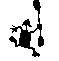 Black silhouette of a cartoon character with exaggerated limbs and hat, holding two large paddles in motion against light gray background.