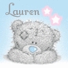 Gray teddy bear with blue heart-shaped nose sits against light blue background, name 'Lauren' in gray script above, two pink star shapes to right.