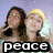 Two people pose together in a pixelated image with text overlays reading "peace" and "love!" on separate frames.