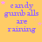 Yellow background with purple text reading 'candy gumballs are raining' and scattered pink stars, arranged in a of repeated elements