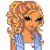 Pixel art contact sheet showing a female character's head, torso, and legs in blue denim attire with curly blonde hair and visible belly button.