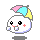 Pixelated character with white rounded head, black eyes, red cheeks, and pastel rainbow hair in four poses showing mouth and hand movements.