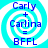 Four identical pixelated icons with blue text on a cyan spiral background displaying 'Carly + Carlina = BFFL' in a