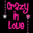 Animated icon with pink 'Crazy in Love' text and hanging star decorations on a black background, showing sequential color changes