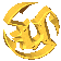 Golden circular icon with fragmented, interlocking shapes forming a dynamic, abstract pattern against a gray background.